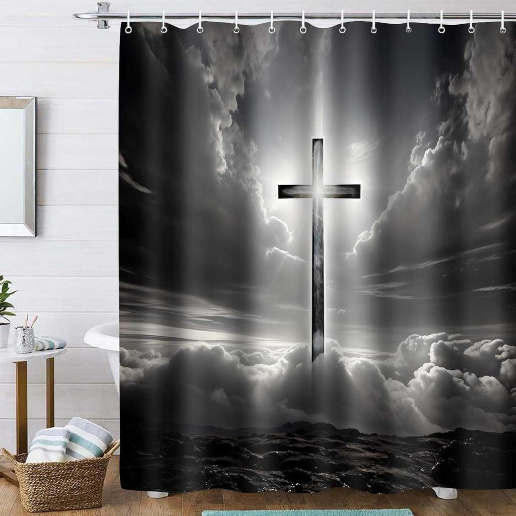 Cross Shower Curtain, 72x72inch, Crucifix Bathroom Shower Curta Easter Jesus Bathroom Curta Decor Set with 12 Hooks YLMRTP0611