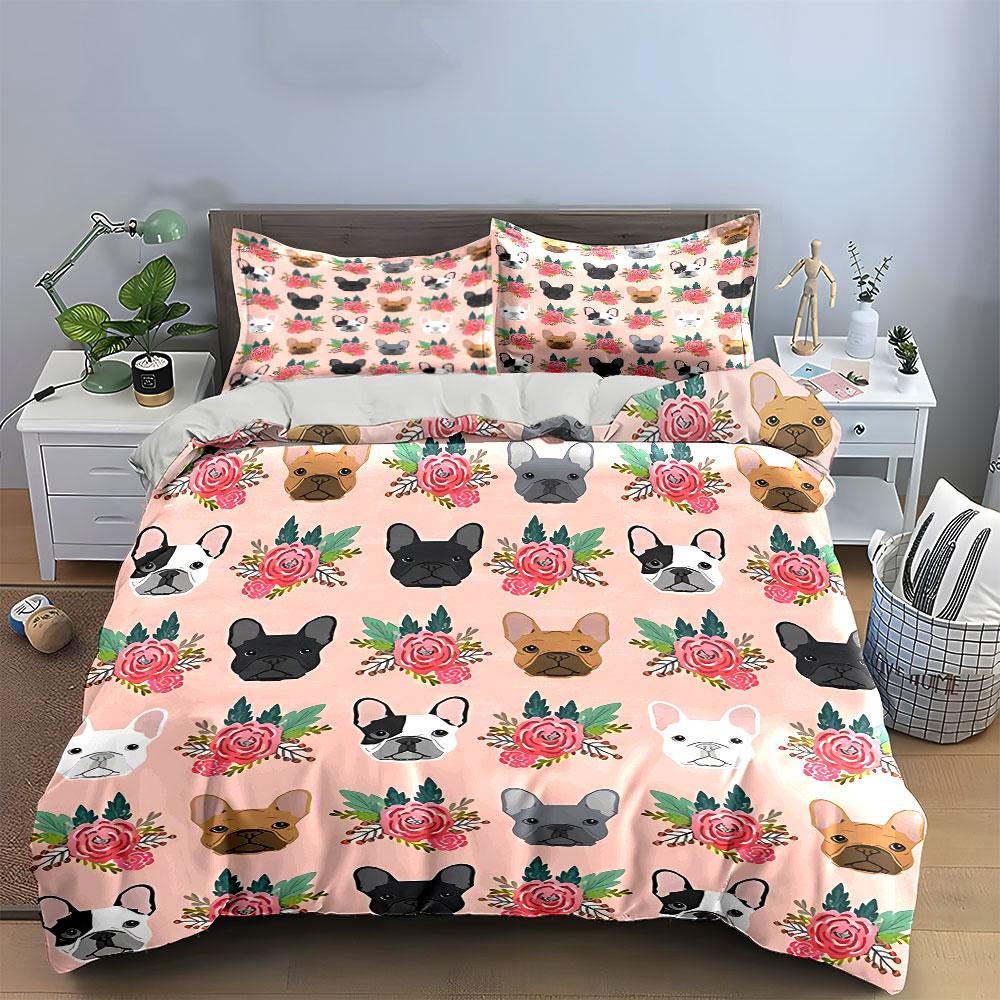 Set Copripiumino con Fantasia Floreale di Bulldog Francese Copripiumino Federe  (1*Copripiumino 2*Federe, senza piumino)