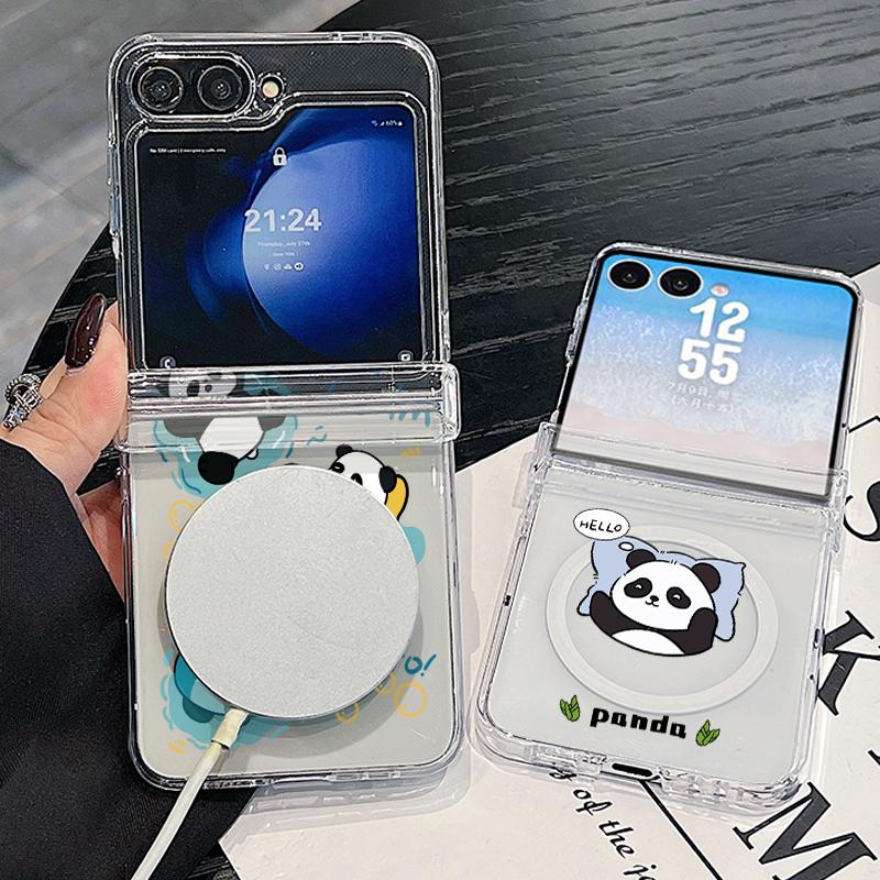 Cute Panda Print Case For Samsung Z Flip 8 7 FE 6 5 Magnetic Clear Hard PC Folding Phone Cover For Galaxy Z Flip8 Flip7 Flip6
