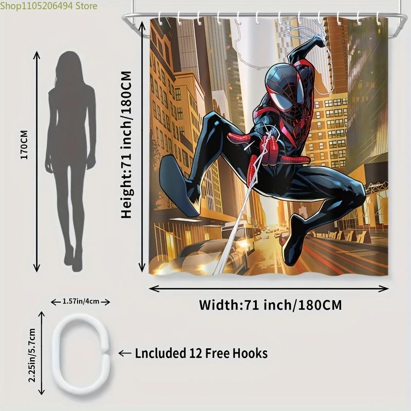 1pc MARVEL Spider-Man Shower Curtain with Hooks - Polyester, Vibrant Superhero Design, Bathroom Decor, Machine Washable, Easy
