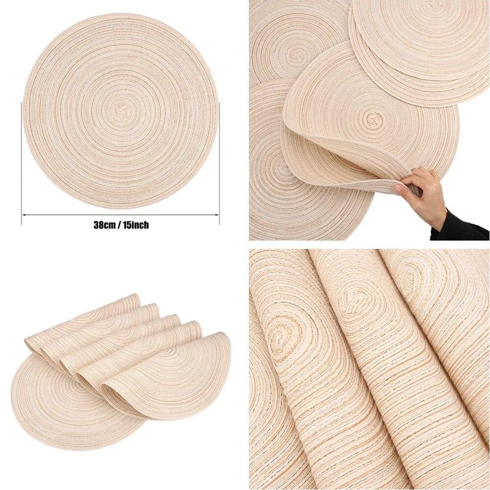 6PCS Braided Round Place Mats Kitchen Dining Table Runner Heat Insulation Non-Slip Washable Placemats Christmas Table Mats Home Decoration Pad Coaster