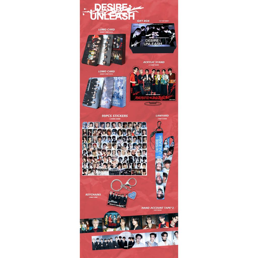 ENHYPEN WUNSCH: UNLEASH Merch Geschenkbox Set - 5. Mini-Album Lomo-Karten Aufkleber Schlüsselanhänger Lanyard Ständer Abzeichen K-Pop Merchandise ENGENE Geschenk