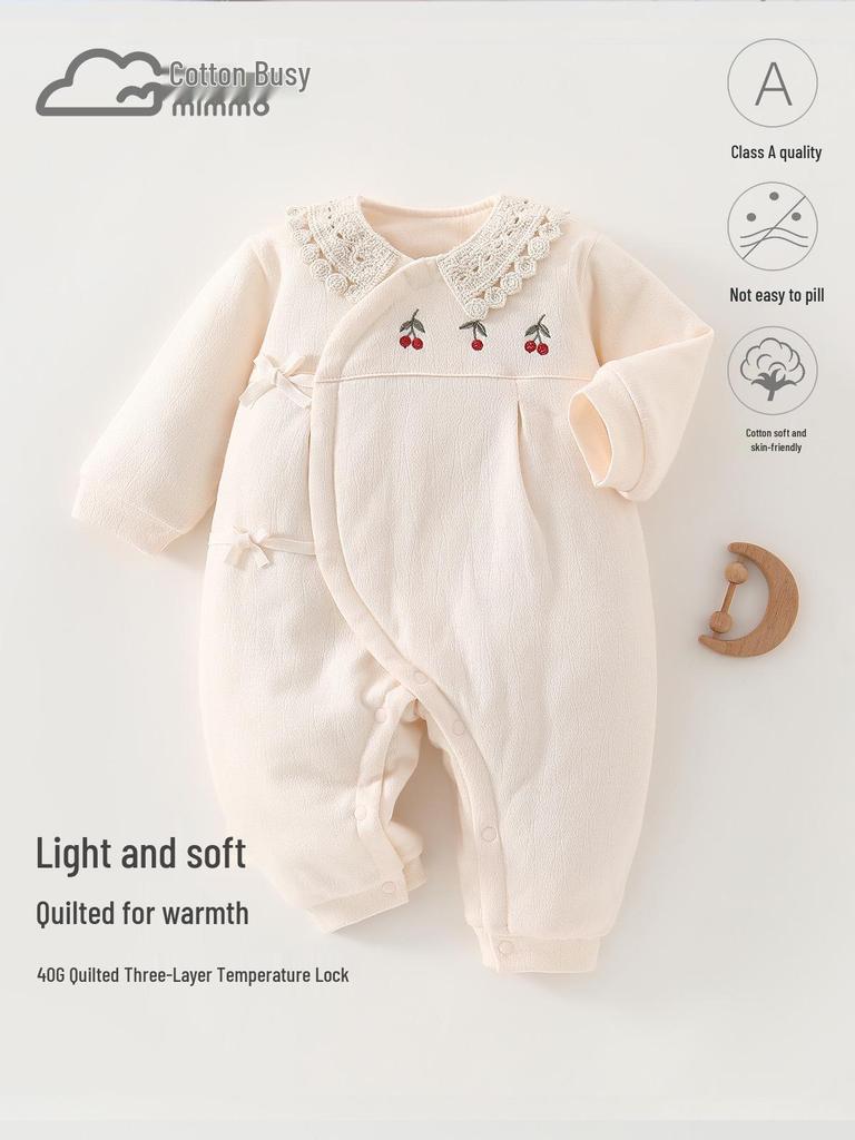 Autumn Winter Quilted Baby Romper with Lace Collar - 40g for Girls