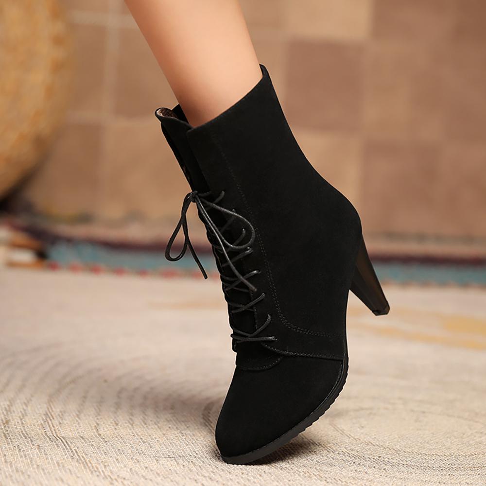 Black Brown Women Mid Calf Boots Pointed Toe High Heel Big Size 45