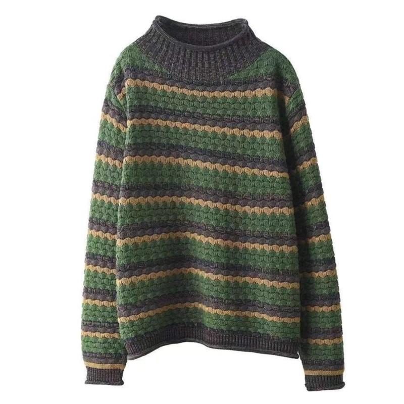 Johnature Women Vintage Pullover Sweaters Half Hight Collar Striped Knitted Spring Long Sleeve Sweaters