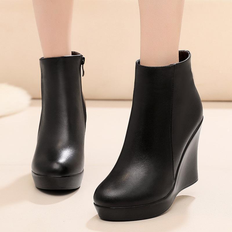 Dámské boty na platformě s klínkem Podzim Zima Černé kotníkové boty pro ženy Vysoké podpatky Dámské boty z pravé kůže Na zip