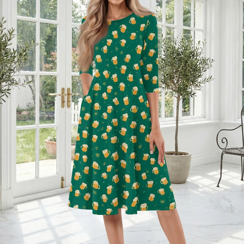 Casual Mid-Length Dress with Round Neck and Three-Quarter Sleeves Featuring Beer Glass Print Suitable for Everyday Wear and Events