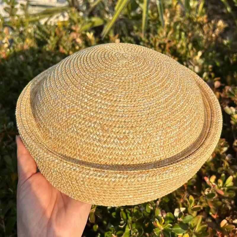 Summer Natural Wheat Straw Pillbox Hats Fedoras Women's Sun Hat Circle Concave Top Straw Beret Hat Church Derby Party Beach Hat