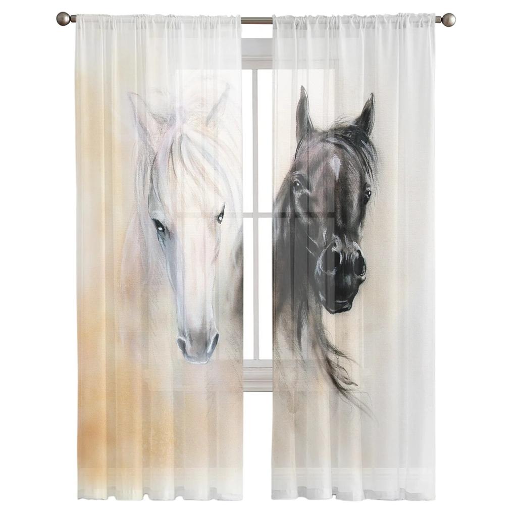Black White Horse Watercolor Painting Modern Tulle Curtains for Living Room Bedroom Home Kitchen Window Sheer Curtains