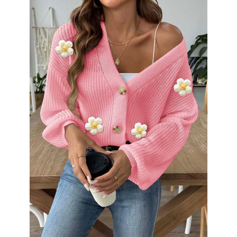 Women's Knitted Sweater Autumn Winter Hand Crochet Patchwork Short Button Cardigan Sweater