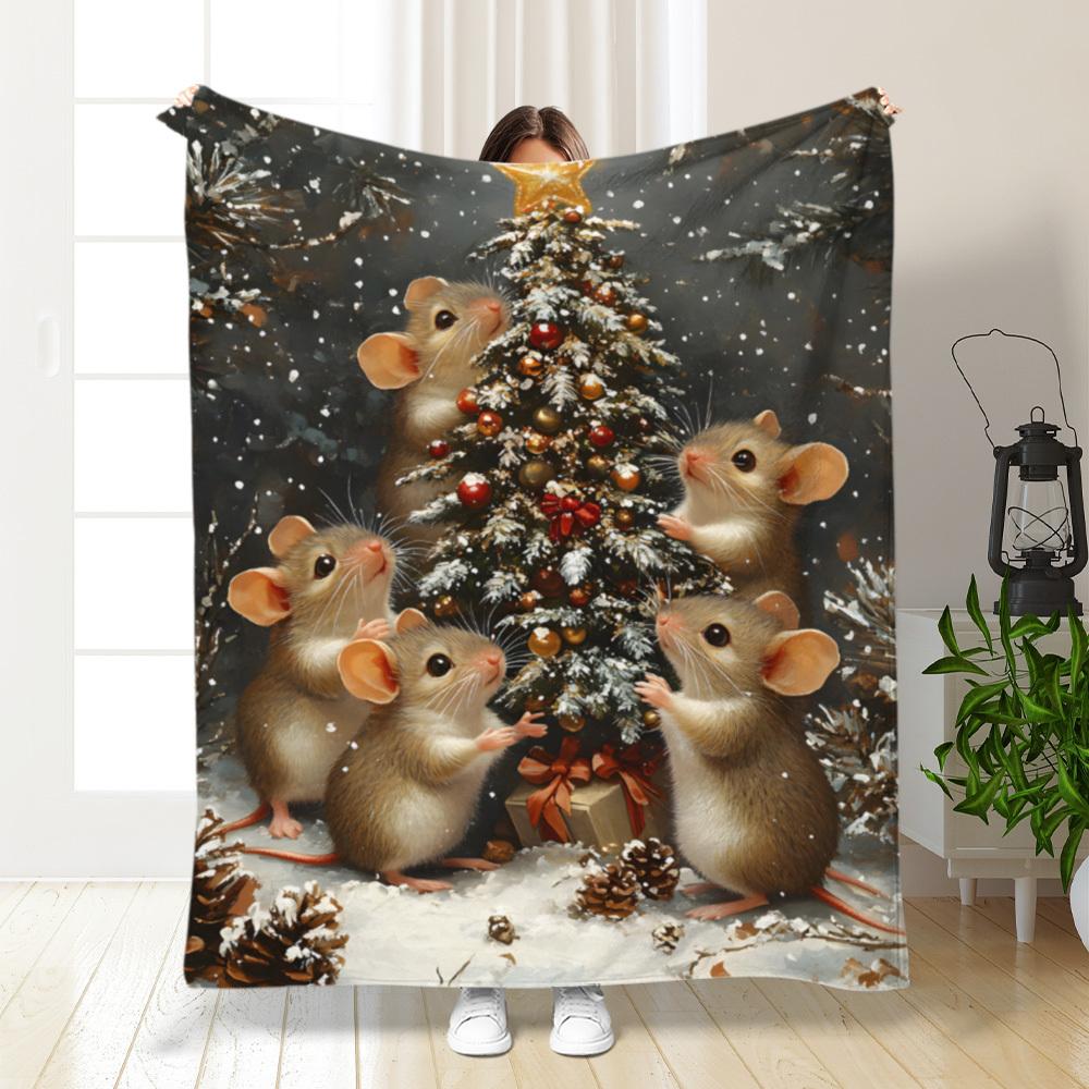 Cozy Christmas Tree & Mouse Print Flannel Throw Blanket - Soft, Warm, and Versatile for Couch, Bed, Office, and Travel - Machine 75X95CM