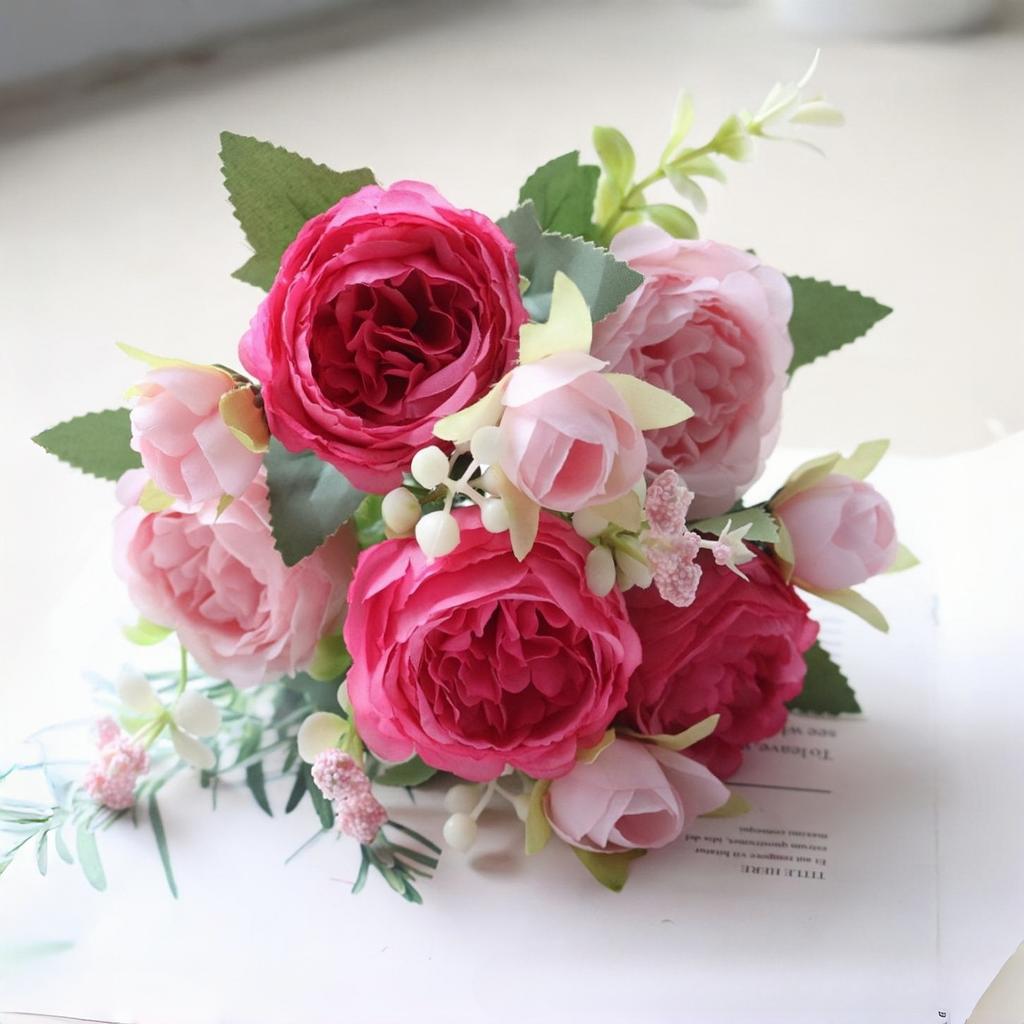 Rose Pink Bouquet Peony Artificial Flowers for Bride Wedding Home Decoration Faxu Flowers