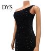 Slim-fit Party Outfit Women Evening Dress Slant Tassel Hem Sequin One Sloping Shoulder Sleeveless Bodycon Wedding Cocktail Clubwear Midi Attire