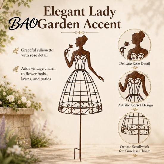 Outdoor Flower Bed Ornament Vintage Lady Garden Trellis Stake, Rustic Art Decor for Yard, Elegant Woman Silhouette Climbing Plants Plant Support Vines