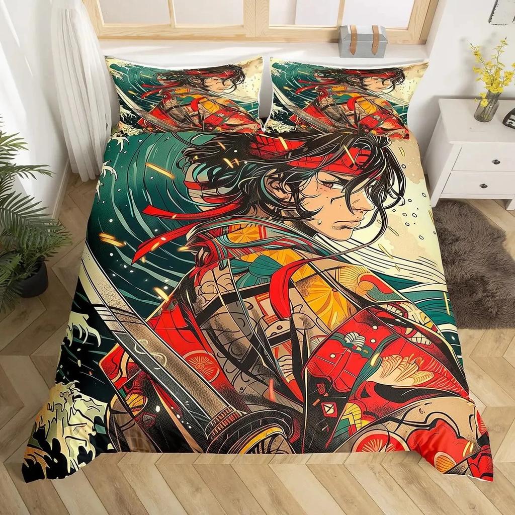 Japanese Samurai Full Size Bedding Set Cherry Blossoms Red Sun Hokusai Duvet Cover Fuji Mountain Quilt Comforter Cover