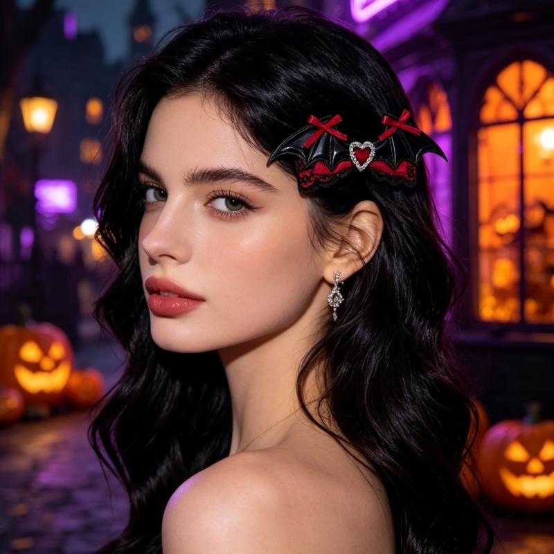 Dark Holiday Hair Barrettes, 1 Pair Halloween Winged Ribbon Design With Heart Detail and Lace Trim for Party Looks