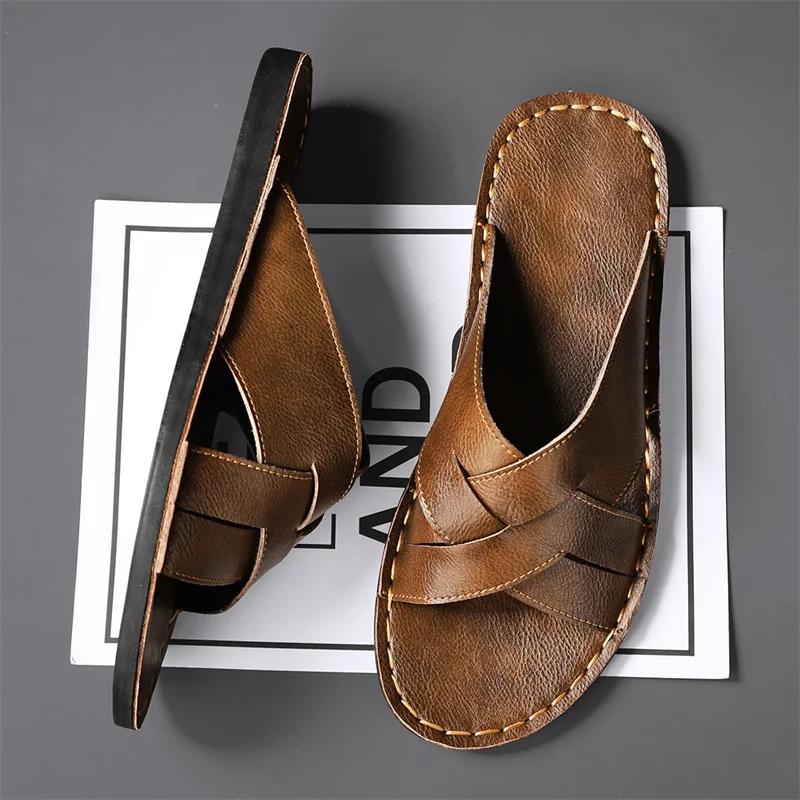 Fashion Summer men's slippers, women's flat bottomed beach breathable genuine leather business casual non slip lightweight sandals