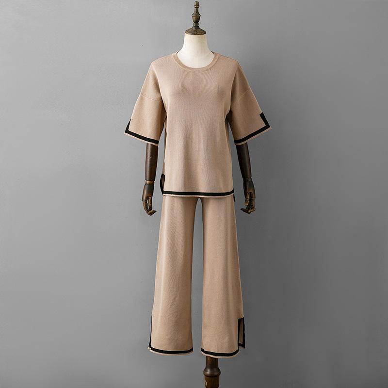 HNXC Fashion Set A Stylish Contrasting Color Split Short-sleeved Knitted Sweater+ High-waisted, Slimming Wide-leg Pants and Long Pants Two-piece Set