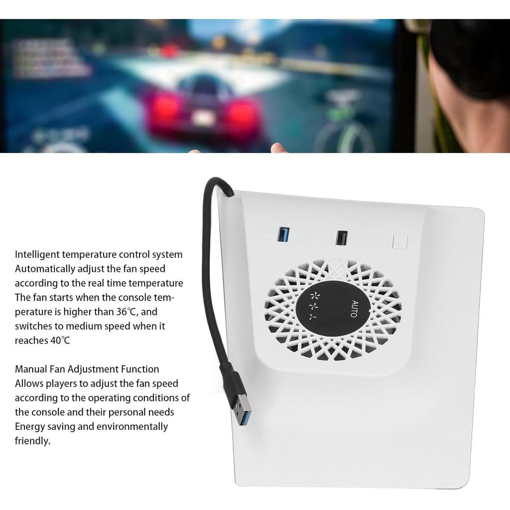 RGB-Lüfter mit Plattenabdeckung für PS5 Slim Digital/Disc, Automatische Geschwindigkeitsanpassung durch Temperatursensor, 3 Lüftergeschwindigkeiten manuell & USB3.0-Hubs, Kühlsystem