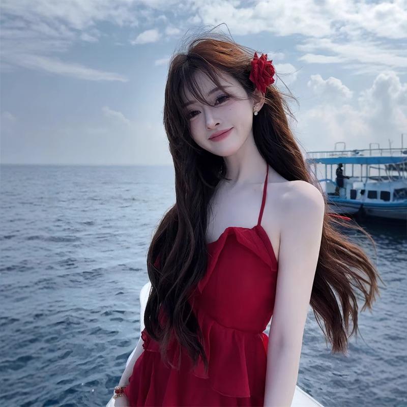 2026 Summer Women's Red Slip Dress - Hot Girl Vacation Style, Slimming A-line Short Layered Skirt
