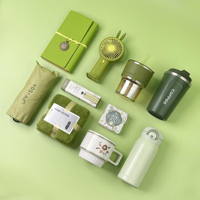 Green Gift Set With Glass Straw Cup Super Soft Towel And Upf 50 Sun Accessory For Corporate Gifts Employee Rewards Holiday Gifts