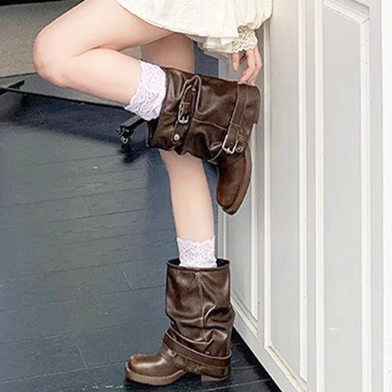 Autumn New Versatile Western Cowboy Boots Women's Pleated Stacked Martin Boots Retro Fashion Thick Heel Lolita