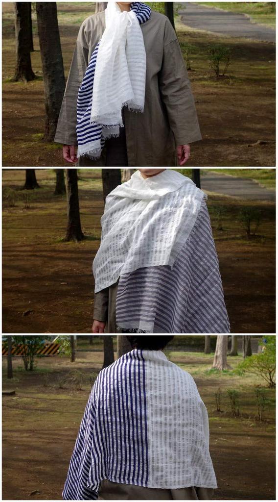 all over the Linen Cotton Stole Border Stripe Spring Summer Women Men Linen Cotton Large [.a world] Spring/Summer (Navy)