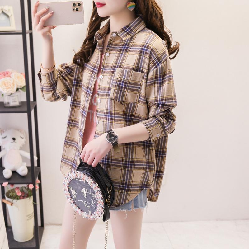 Camisa holgada de manga larga a cuadros para mujer, estilo coreano, chaqueta informal y versátil para estudiantes para primavera y otoño, talla grande, algodón