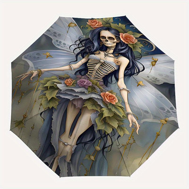 Skeleton Fairy, Fantasy Art Theme Automatic Open/Close Umbrella, Portable 3 Fold Compact Umbrella for Men & Women, Valentine's Day Mother's Day Gift