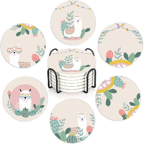 Drink Coasters with Holder,6 Pcs Moon Phases Absorbent Ceramic Coasters with Cork Base,Cute Funny Table Drinks Coasters,Table Home Decor,4 Inches