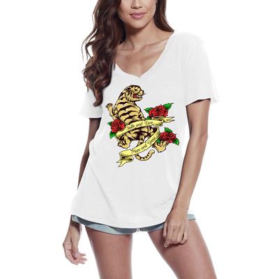 Camiseta Feminina com Gola V Faith And Love - Tatuagem de Tigre - Rosas Vermelhas