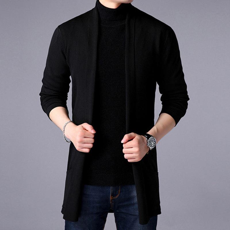 

Danmo Fashion Мужской повседневный свитер кардиган осень тонкий длинный однотонный мужской трикотажный пальто большого размера M чёрный