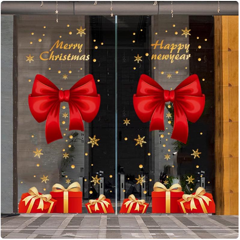 Merry Christmas Window Decor: Red Ribbon, Gold Snowflake, Static Cling