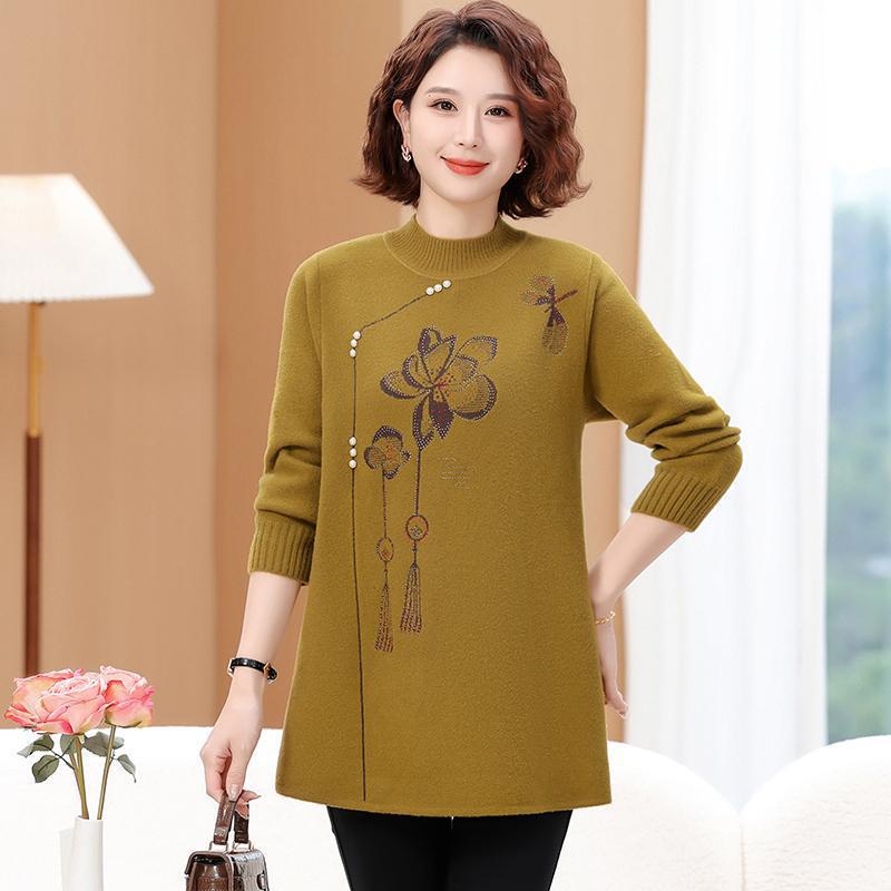 220 Jin Plus Size Middle-Aged & Elderly Women's Round Neck Pullover Sweater, Autumn/Winter, Loose Fit, Base Layer.