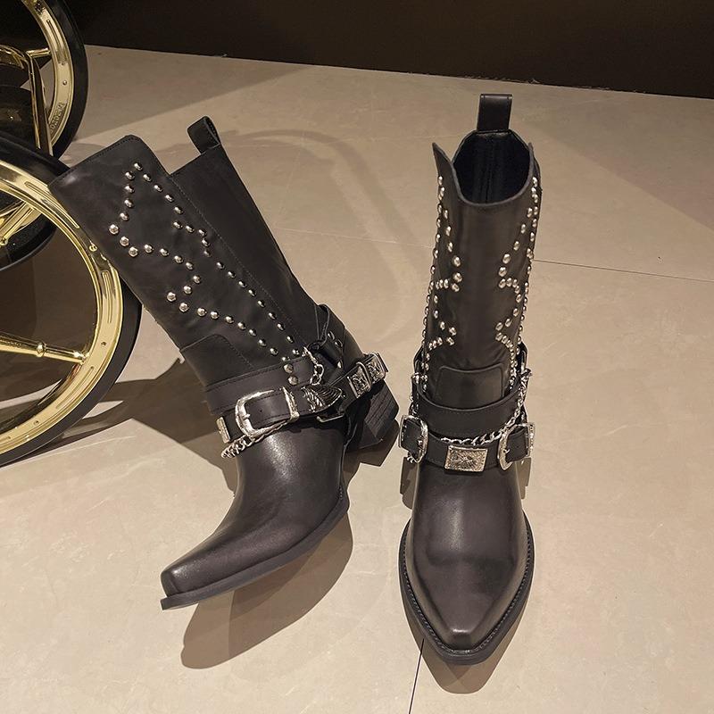 Pointed Hottie Coarse Heel Knight Boots Black Punk Style Niche Personality Boots Wasteland Style Boots Female Retro