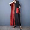 Summer Thin Cotton Linen Short Sleeved Contrasting Splicing Long Dress for Women