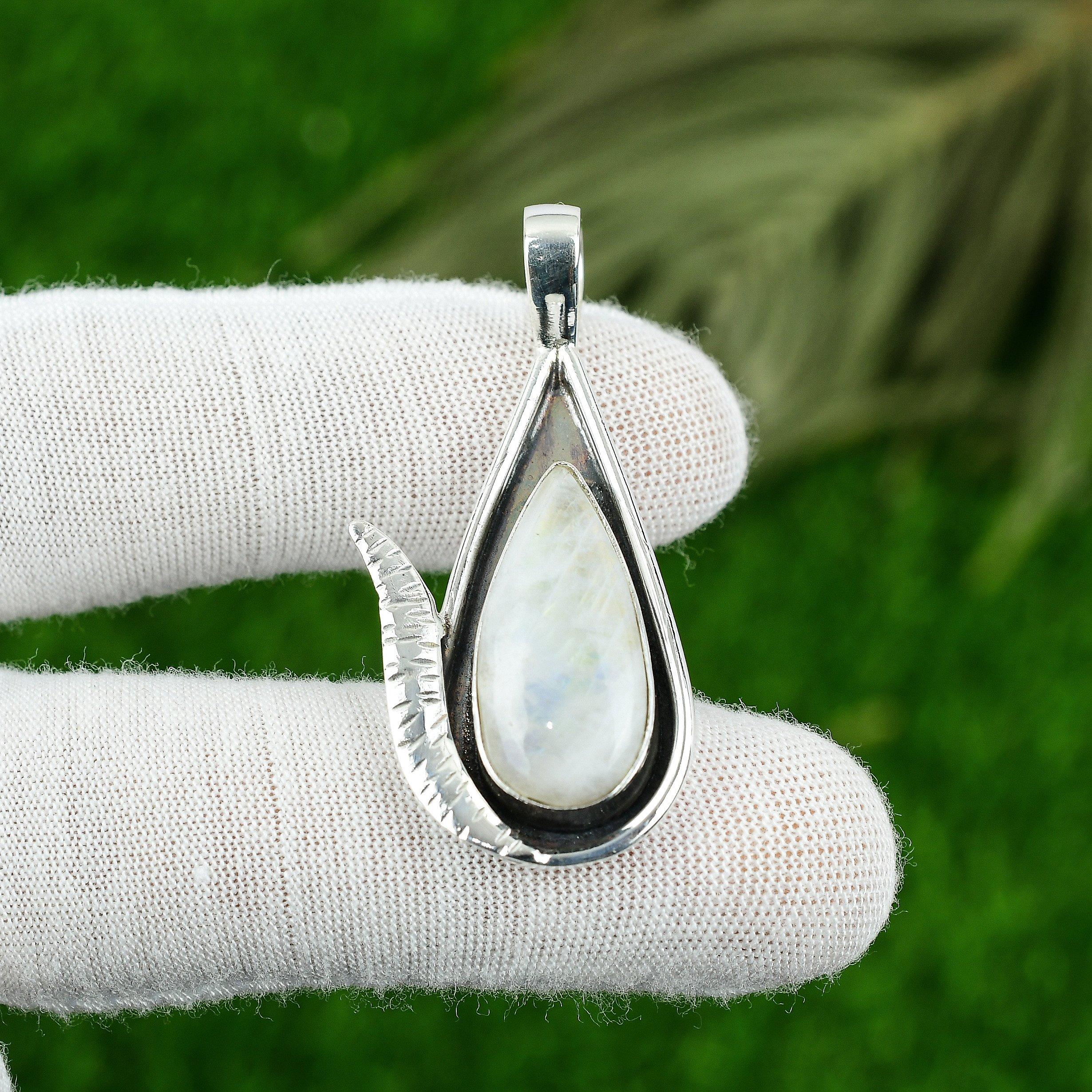 Pear Rainbow Moonstone Gemstone 925 Sterling Silver Crown Chakra Unique Pendant