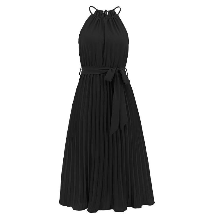 

Sexy Halter Lace Up Dress Women Sleeveless Pleated Solid Color Thin Strap XXL чорний