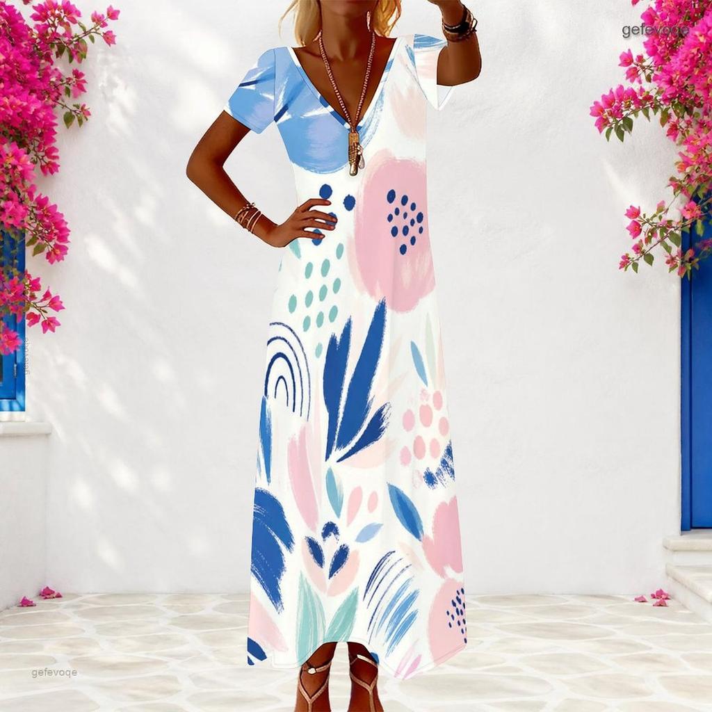 Women Plus Size V Neck Short Sleeve Geometric Printed Maxi Dress