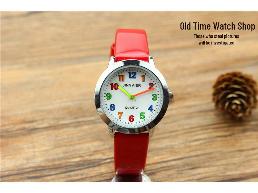 Popular Kids' Cartoon Quartz Watch with Colorful Numbers and Leather Strap for Elementary School Boys and Girls