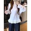 Kumikumi Sweet Style White Lace Hem Long Sleeves Shirt Women Autumn Chic Age-Reducing Slimming Versatile Top