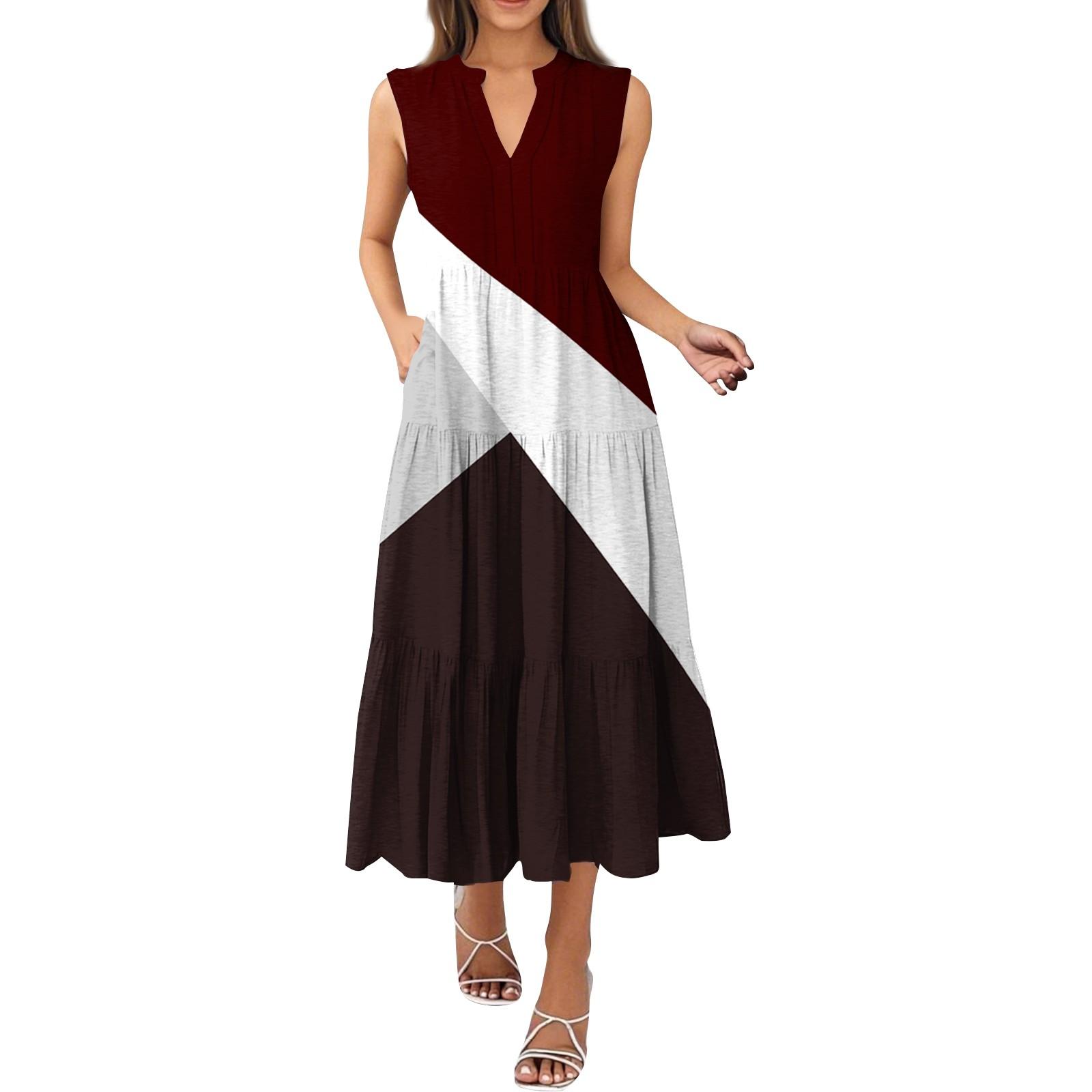 

Женские модные летние платья без рукавов с V-образным вырезом и плиссировкой в стиле пэчворк XL винный