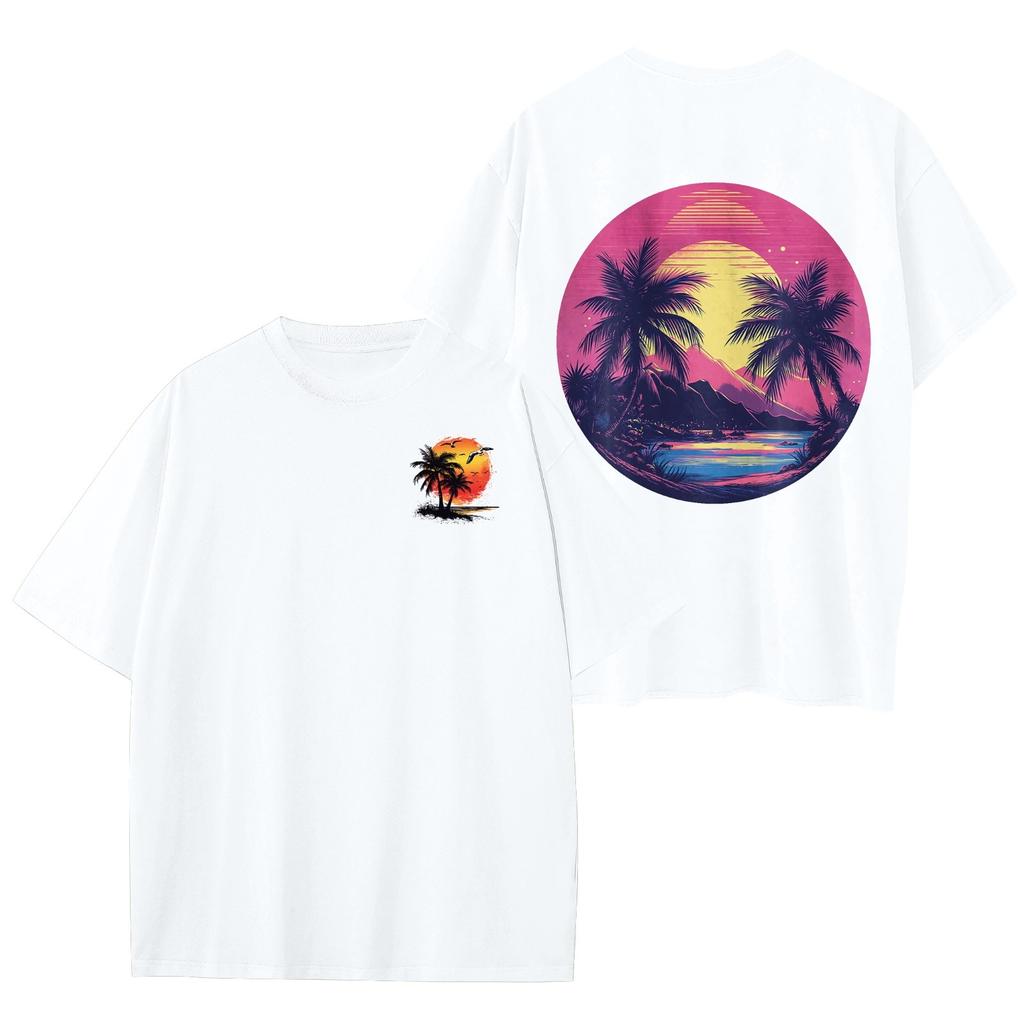 Women's Round Neck Fashionable Loose Hawaiian Print Short Sleeves