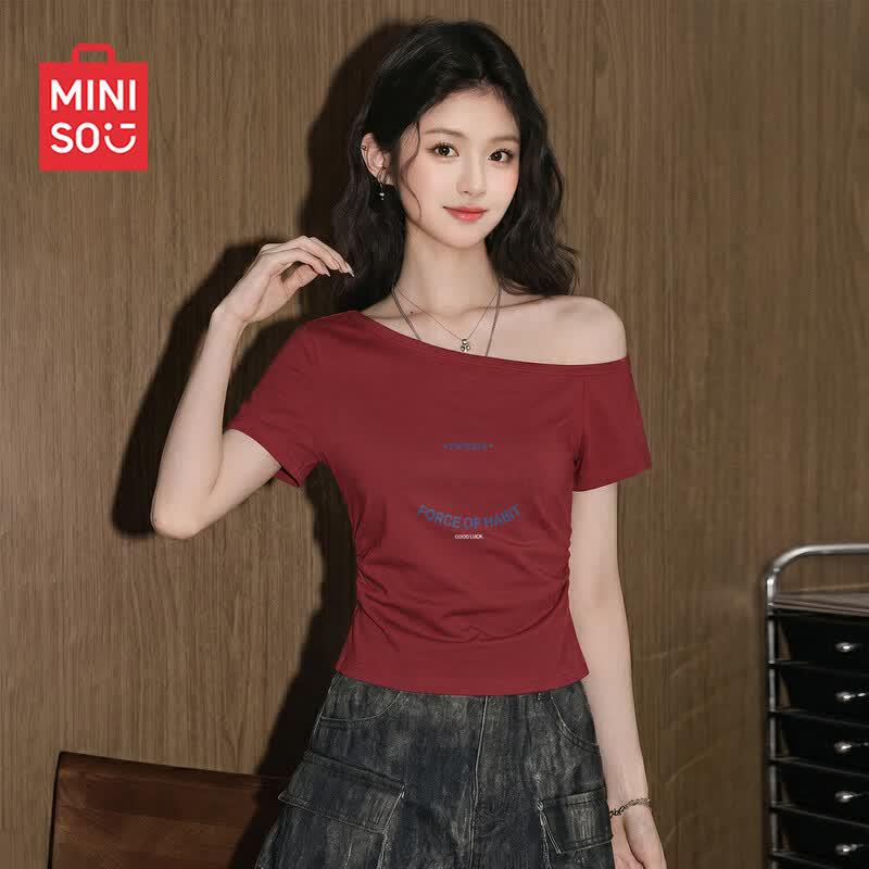 MINISO Women's Off-Shoulder Slim Fit Short Sleeve Top