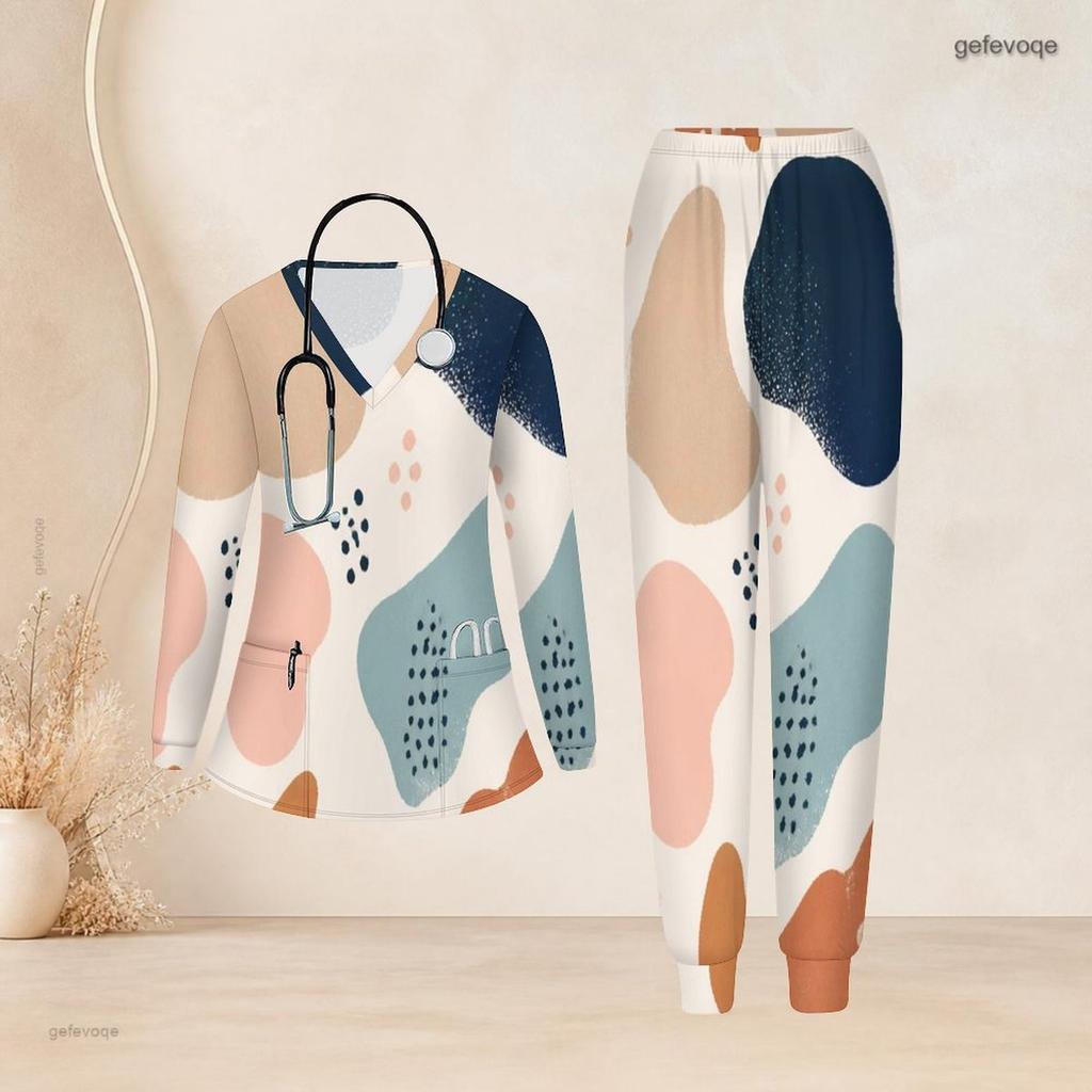 Women Plus Size Printed Nurse Scrub Set V Neck Long Sleeve Pocket Top And Long Pants