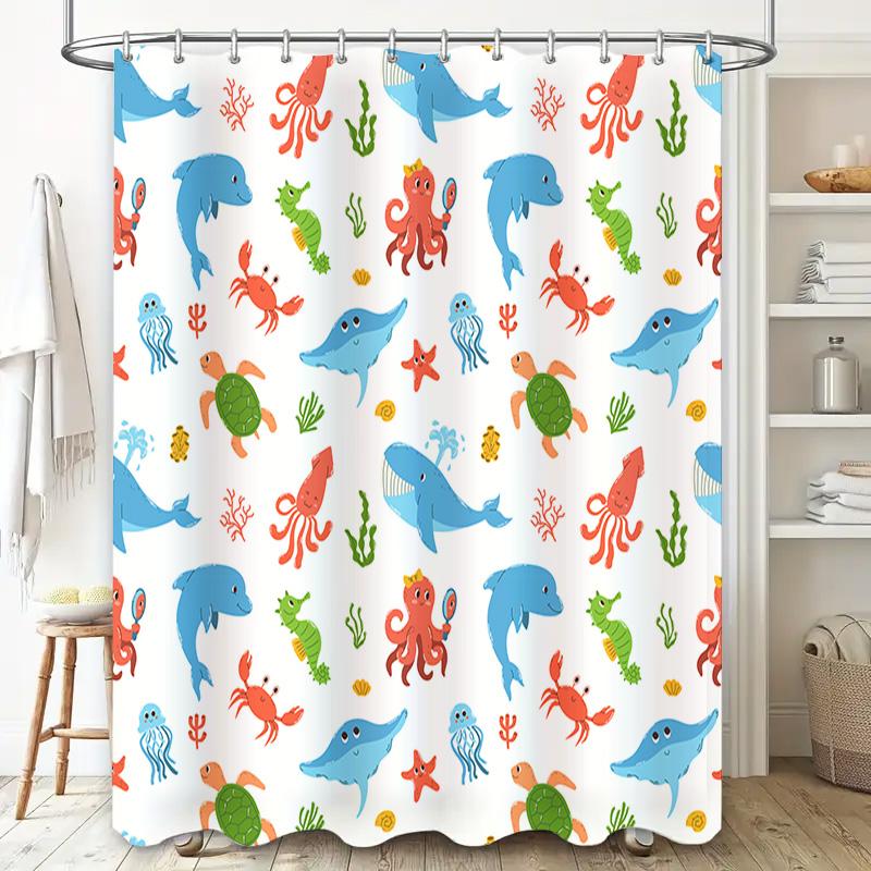 Underwater Animal Print Shower Curtain Home Decor for Bathroom Kids Bathing Room Decoration Waterproof Fabric Curtains (Blue)