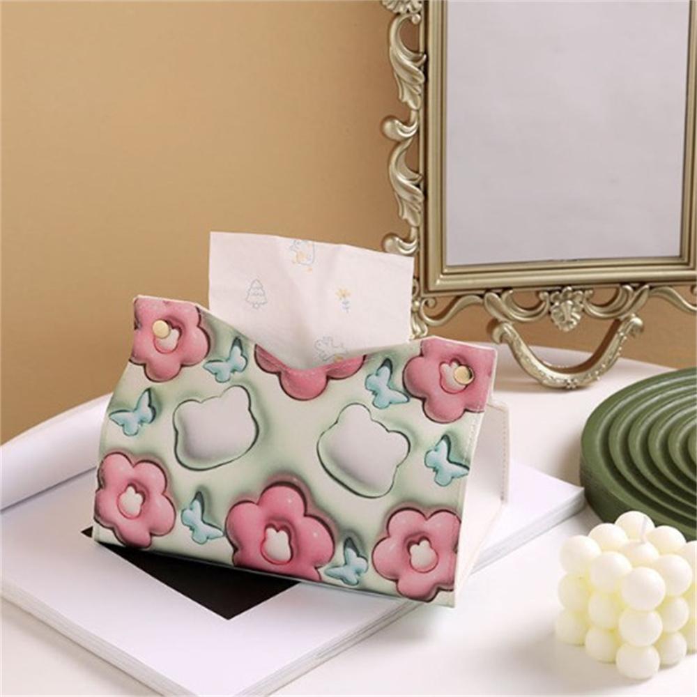 3d Visual Effect Flower Printed Tissue Box Ins Style Paper Napkin Case Cute Pu Leather Home Car Paper Storage Boxes Girls Gifts