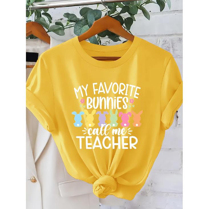 Women's MY FAVORITE BUNNIES Teacher's Short Sleeve Shirt One-piece Easter Outfit T Shirt Teacher's Outfit for Holiday Outings 2026 New Spring and