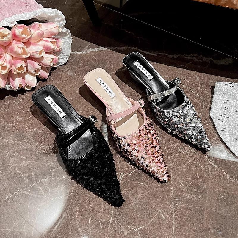 High Heels Women's Summer New Bag Head Sequins Pointed One-word Buckle Sandals Thick Heel Outer Slippers