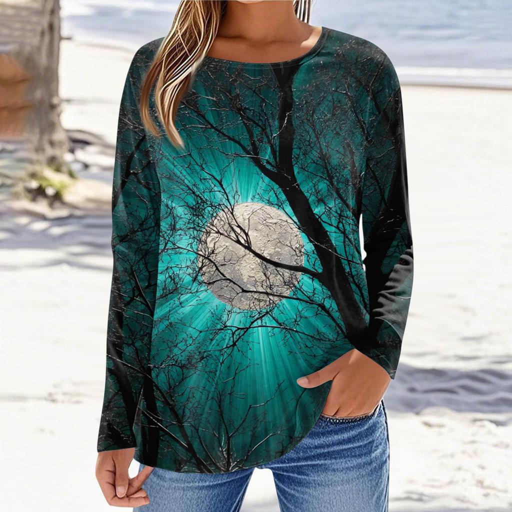Women's Long Sleeve Pullover Sweatshirt Halloween Print Round Neck Casual Top Lightweight Comfortable Fit
